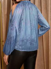 Amorya Áo cánh voan thanh lịch dành cho nữ với vải jacquard kim loại, tay bồng trễ vai, phù hợp với thời trang hàng ngày, tụ tập, tiệc tùng, hẹn hò, Halloween và nhiều dịp khác - Màu xanh lam - Xem 2