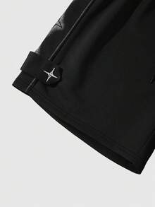 ROMWE MEN Street Life Men's Casual Drawstring Waist Cross Silver Foil Shorts, Versatile For Commuting - Black - View 4