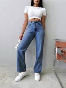 SHEIN 100%Cotton Women Casual High Waist Straight Leg Jeans - Blue - View 4