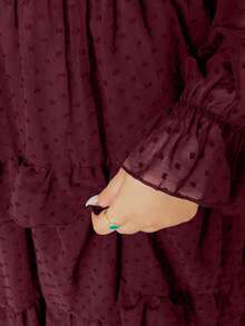 Lyrianda 新款优雅雪纺纹理波点蝴蝶结装饰胸罩杯长袖A字连衣裙，收腰修身荷叶边连衣裙 - 酒紅色 - 查看 3