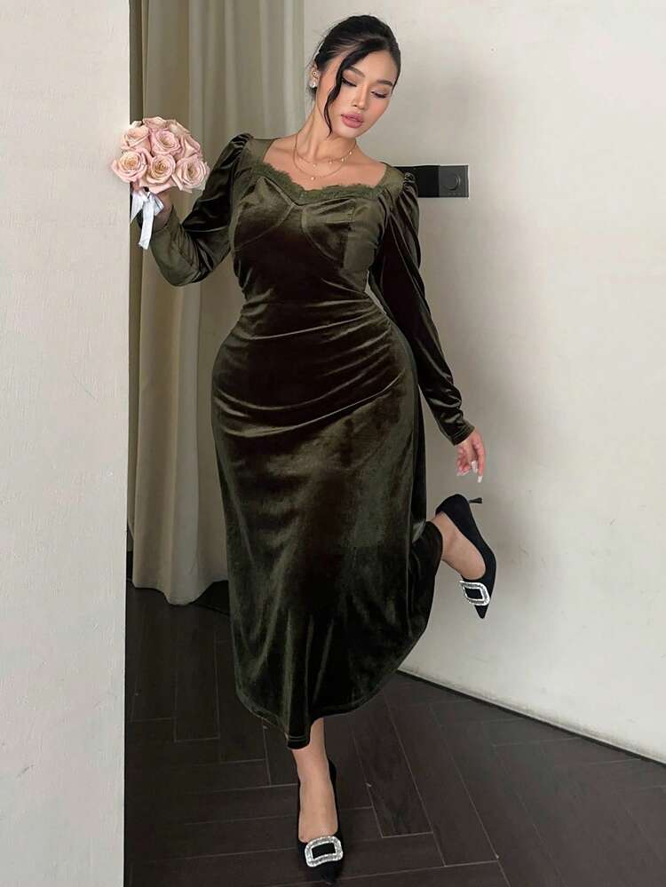 Dazy Plus Plus Size Women Elegant Velvet Contrast Lace Square Collar Long Sleeve Wrap Dress, Spring/Autumn Sundress