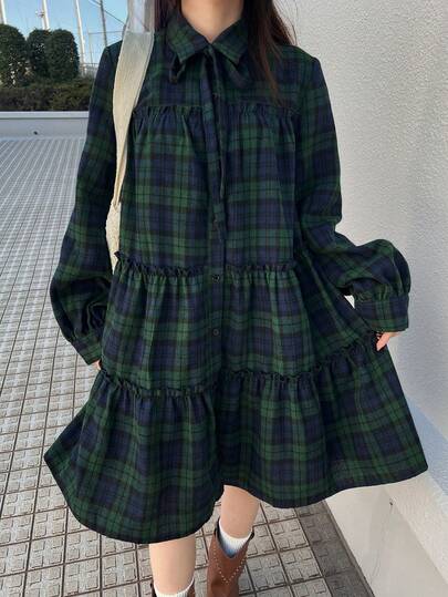 FRIFUL Women's Plaid Collar Long Sleeve Pleated Cuff Shirt Dress, Oversized Hem Patchwork Ruffle Hem Design, Loose Casual Versatile Mid-Length Dress, Autumn/Winter