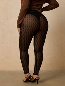 SHEIN VCAY Quần legging ren sọc đen đa năng cỡ lớn, quần dài gợi cảm dành cho nữ - màu đen - Xem 2
