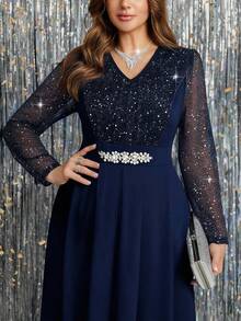 Ellevyn Plus Size Women's Sequin Mesh Patchwork Long Sleeve Waist Rhinestone Decor Elegant Jumpsuit - Navy Blue - View 6