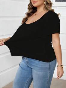 SHEIN CURVE+ 两件套加大码女式方领短袖休闲修身性感T恤，适合春夏穿着/2026/新年 - 彩色 - 查看 5