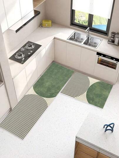 1pc/2pcs Silica Gel Kitchen Mat With Green And Gray Striped Pattern, Anti-Fatigue, Cushioning, Water-Absorbing, Quick Drying, Non-Slip, Suitable For Kitchen, Bathroom, Entrance, Laundry Room, Etc. ,Room Decor