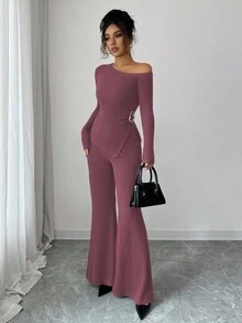 Elenzga 女士时尚休闲两件套，不对称肩部褶皱下摆金属装饰长袖罗纹针织修身T恤+罗纹针织修身喇叭裤 - 西瓜粉 - 查看 4