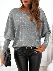 EMERY ROSE T-shirt à manches longues décoré de paillettes minimaliste et décontracté pour femmes, convient pour l'automne/l'hiver