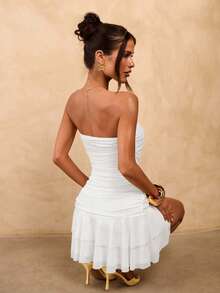 SHEIN BAE Solid Yellow Cream Ruched Bodycon Ruffled Hem Mini Dress, Cute Summer Dress, Brunch Dress, Yellow Dress - White - View 2