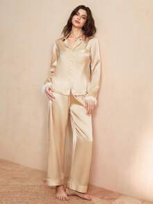 EverLounge Elegantes hochwertig britisches Kragen Faux Seide Fransen elegantes Damen Loose Fit Pyjama Set - Braun - Übersicht 1