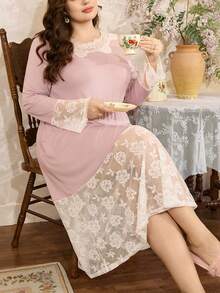 Côtesoire Váy ngủ Maxi dài tay chữ A, eo ren thanh lịch kiểu Pháp, dáng rộng, quyến rũ, phù hợp cho mùa thu, cỡ lớn - Bụi hồng - Xem 6