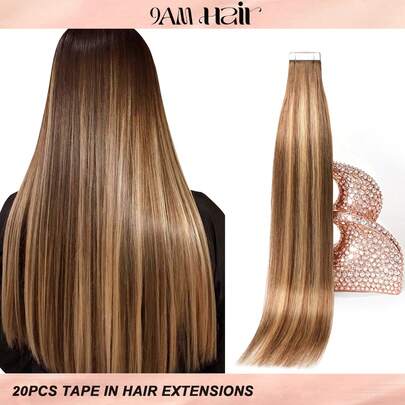20 Pcs Tape In Hair Extensions Human Hair Ombre T4/P4/27 Balayage Brown To Caramel Blonde Healthy And Durable Human Hair Extensions Invisible Tape In Hair Extensions