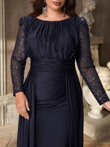 Aureia Đầm dạ hội cỡ lớn sang trọng, thanh lịch, cổ tròn, tay áo phối lưới đính sequin tương phản, eo nhún, dáng ôm đuôi cá, thích hợp cho tiệc tối, tiệc độc thân, hẹn hò, dạ hội, kỳ nghỉ, đám cưới (đính kèm nhiều chi tiết), Ngày Valentine. - Màu xanh hải quân - Xem 7