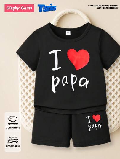 GraphicGems 2pcs Toddler Boys Casual Heart & Letter Print Short Sleeve T-Shirt And Shorts Set, Black I Love Papa Baby Outfit Baby Boy T Shirt Cute Baby Boy Clothes I Love Daddy Baby Boy Clothes Black Baby Boy Clothes