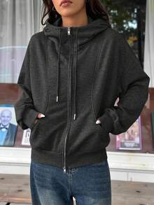 Muchica Áo hoodie dài tay màu xám đậm có khóa kéo phía trước và túi dành cho nữ, thích hợp cho mùa thu/đông. - Màu xám đen - Xem 5