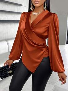 SOLERSUN Blus Satin Model Lilitan Polos dengan Detail Lengan Lentera - Rust Brown - View 4