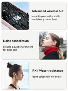 JMMO 无线耳塞 5.3 触控高级 Hi-Fi 10 毫米动态驱动器 IPX4 防水无线耳塞，带 USB-C 充电端口，游戏耳机和扬声器，麦克风，节日礼物圣诞礼物，秋冬季假期露营必备品假期必需品度假配件，露营用品 - 粉色 - 查看 4