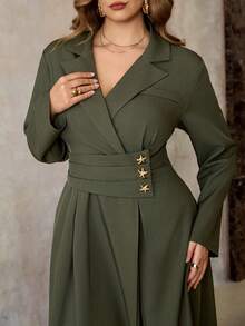 Roveilla 大码女式褶裥翻领腰部收褶A字长袖连衣裙，饰有星星图案，优雅法式复古办公室通勤商务休闲街头风，百搭复古时尚秋冬连衣裙，适合派对、圣诞节、感恩节、新年等场合。