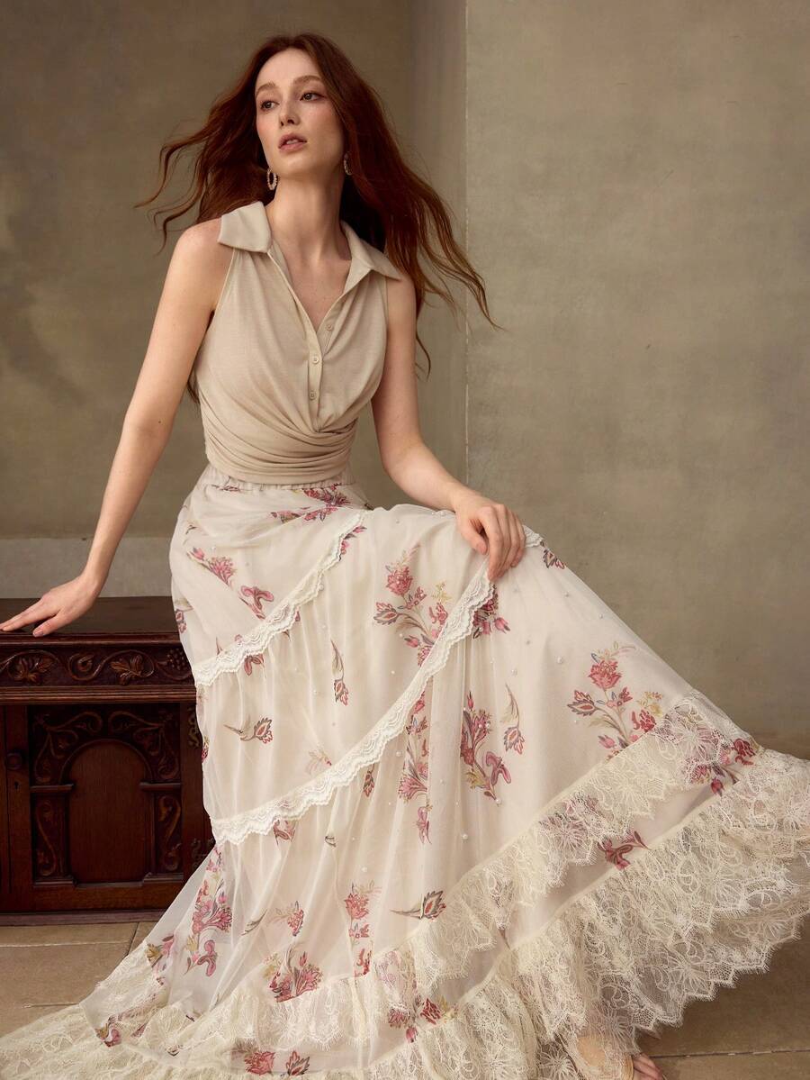 MOTF PREMIUM 女士印花撞色蕾丝喇叭裙，春夏款 - 杏色 - 查看 1