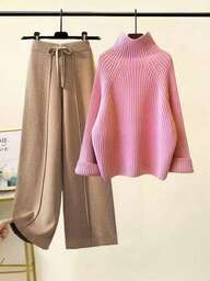 Chiquease 2pcs Apricot Women Knit Sweater Set, Ribbed Texture Cream Color Pullover & Pants Casual Minimalist Outfit, Winter Clothes For Women, Winter , Winter Dress , Winter Clothes , Women's Winteclothes , Winter Outfit For Women