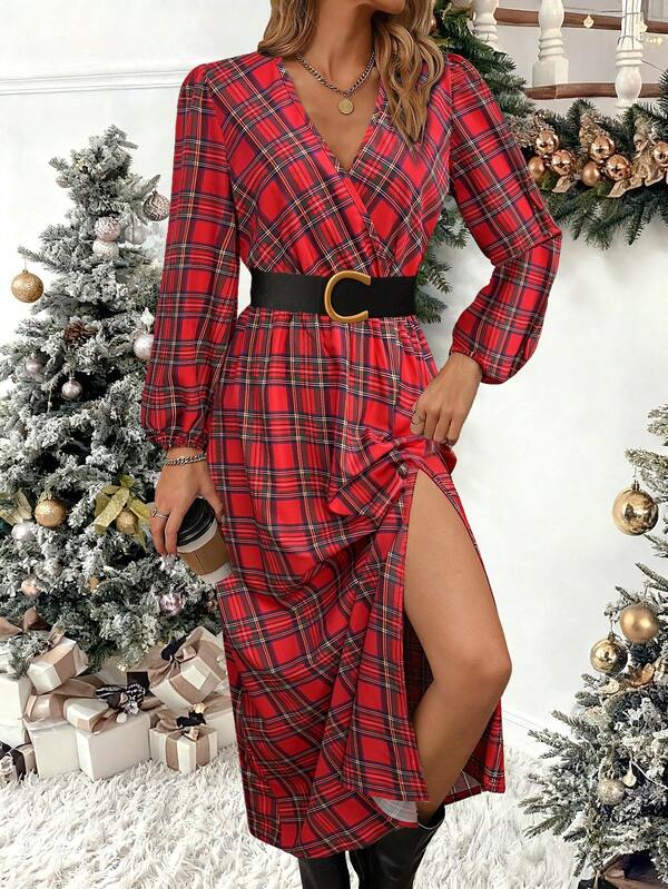 LanaWest Abito senza cintura con maniche a lanterna e spacco laterale a stampa a righe, abito lungo da donna casual con maniche a palloncino, scollo a V, vestibilità regular, stampa all-over, stile linea A, adatto per primavera/autunno, per uso quotidiano, abito lungo da donna