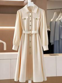 GlowEve CURVE Plus Size Apricot Minimalist Dress With Waist Belt - Apricot - View 1