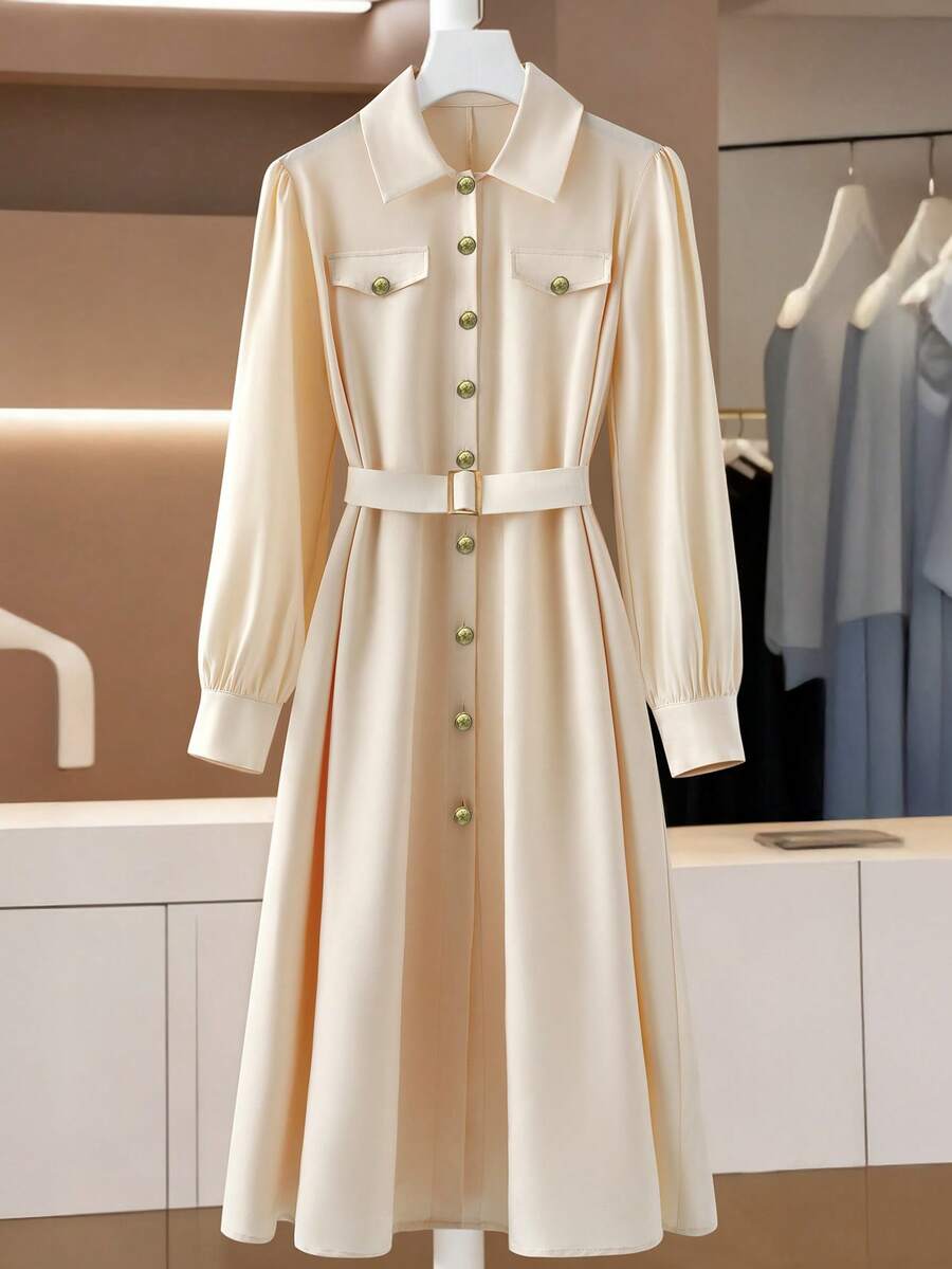 GlowEve CURVE Plus Size Apricot Minimalist Dress With Waist Belt - Apricot - View 1