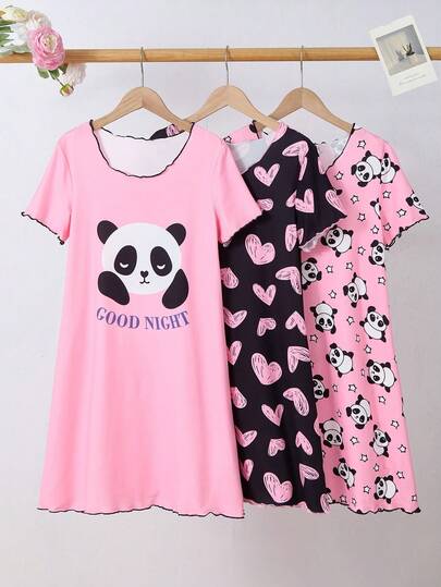 Tween Girls Pajamas-3 Piece Spring To Summer Nightgown Set Panda Print Pink Black Round Neck Short Sleeve Knee Length Nightdress Scalloped Edge Soft Feel Elastic Waist Comfortable Home Sleepwear Four Season Holiday 2026 Cute Gift Birthday Christmas Lounge