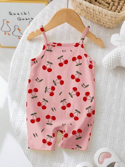 SHEIN Cute Cherry Pattern Baby Girl Casual Romper Suitable For Spring/Summer, Relaxing Vacations, Beach Weekends, Cute Summer Outfits, Summer Baby Girl Items, Korean Style, Beach Mode On, Summer Outing Items