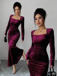 Elenzga Women's Turtleneck Velvet Gold Elastic Knit Bodycon Dress, Elegant French Style Ruched Waist Mermaid Hem, Suitable For Work, Date, And Formal Occasions, Long Sleeve, Autumn/Winter