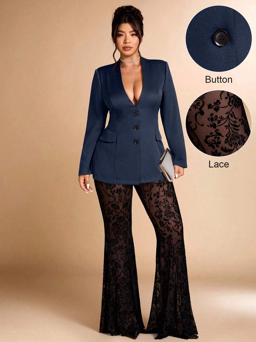 Cravure Plus Size Women's Flocked & Mesh Splicing V-Neck Blazer & Flare Pants Suit, Office Wear - Navy Blue - View 1