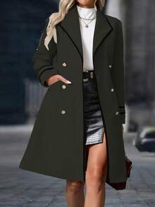 SHEIN Clasi 女士时尚优雅双排扣口袋大衣 - 軍綠色 - 查看 4
