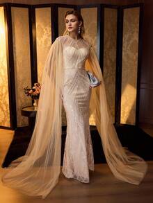 MOTF Soiréza ELEGANT ULTRA-LONG TULLE SLEEVE ROUND NECK FLOOR-LENGTH MERMAID EVENING GOWN – SHEER FRONT & BACK DESIGN DRESS WITH SPARKLY BEADED FABRIC ACCENTS, FITTED SILHOUETTE FOR WEDDINGS, GALAS & SPECIAL OCCASIONS FOR WOMEN - Champagne - View 5