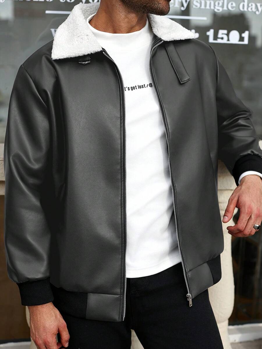 Manfinity Homme 男士加大码保暖休闲拉链PU皮内衬夹克,冬季 - 深灰色 - 查看 1