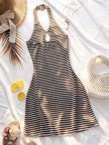 Teen Girls Holiday Leisure Style Slim-Fitting Strapless Striped Knit V-Neck Hook-And-Loop Hanging Neck Mid-Length Tight Waist Back-Revealing Knit Dress Suitable For Daily Summer Holiday Dressing - Coffee Brown - View 2