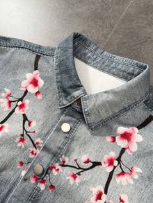 ROMWE MEN Men's Floral Print Long Sleeve Denim Shirt - Blue - View 6