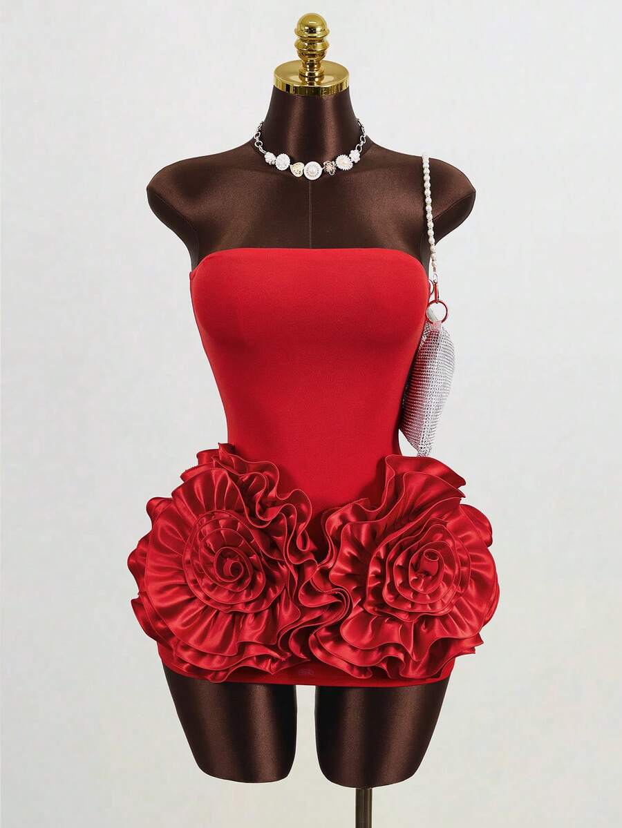 Mistrie 女士优雅派对礼服，纯色3D立体花卉修身无肩带连衣裙 - 紅色 - 查看 1