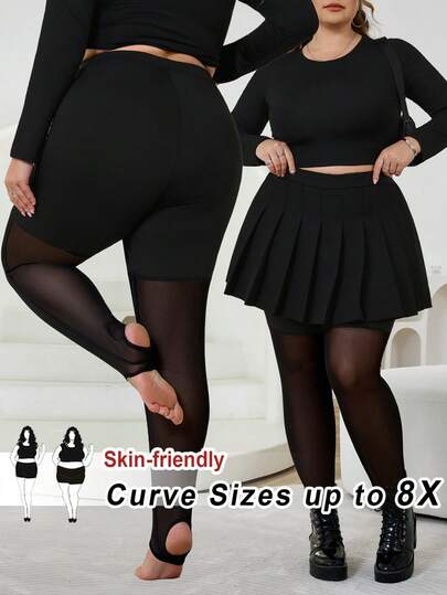 SHEIN CURVE+ Curve Plus Size/Autumn Clothes /Fall Women Clothes/Winter Clothes For Women/Winter ClothesWomen's Plus Size, One-Piece Stockings, Black Plus Size Leggings, Anti Slip High Leg Leggings, Black Mesh Patch Leggings For Casual Daily Wear, Simple And Fashionable, Spring And Summer Clothingfall Clothes For Women,Winter,CURVE PLUS