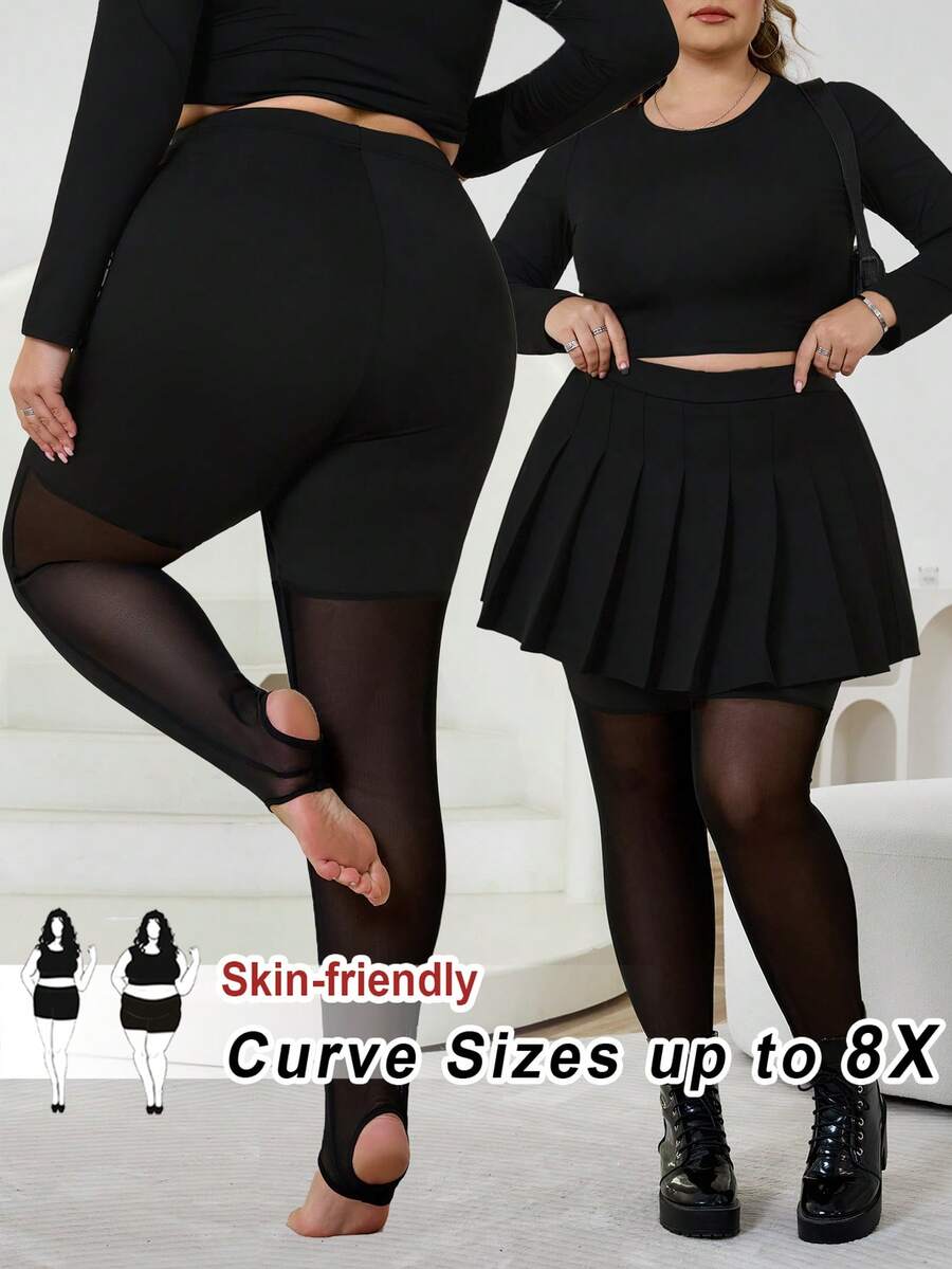SHEIN CURVE+ Curve 大码/秋装/秋季女装/女冬装/冬装女士大码、连体丝袜、黑色大码打底裤、防滑高腿打底裤、黑色网眼贴片打底裤,适合日常休闲穿着,简约时尚,春夏装女秋装,冬季,CURVE PLUS - 黑色 - 查看 1