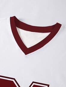 INAWLY 女士夏季数字印花V领短袖休闲T恤图案T恤女式上衣 - 紅色 - 查看 4