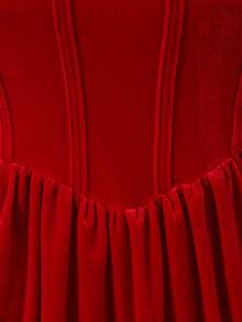 SHEIN 少女优雅红色V领无袖褶皱喇叭迷你连衣裙，适合家庭聚会、派对和日常穿着 - 紅色 - 查看 6