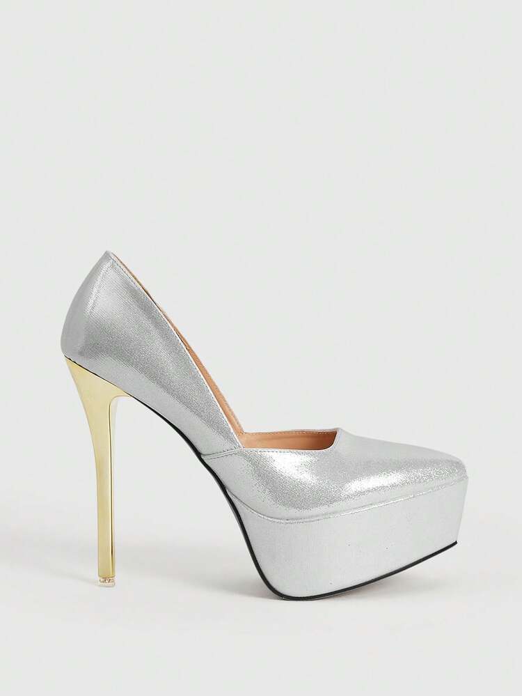 CUCCOO LuxiPop Women Fashion Elegant Party Silver Thick Bottom Pointed Pumps