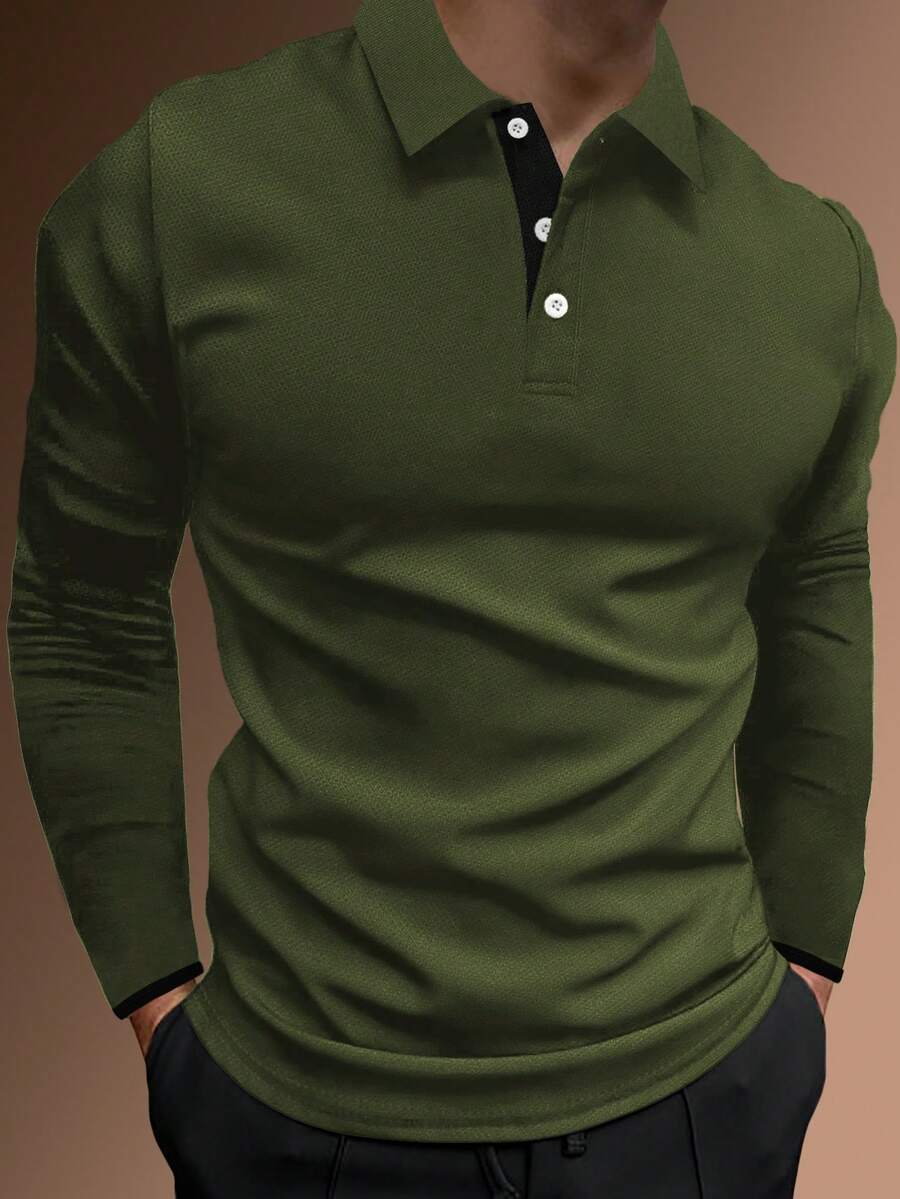 Manfinity Homme Men's Solid Color Button Casual Versatile Long Sleeve Polo Shirt Green Collared Men - Army Green - View 1