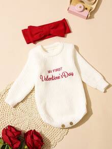 SHEIN 2pcs Set My First Valentine's Day Embroidery Newborn Photography Outfits Knitted Baby Girl Romper With Bow Headband 1 Month 100 Days Infant Photo Props - Multicolor - View 7