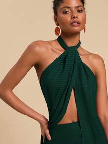 Travachic Women's Legend Halter Maxi Top + High Waist Straight Leg Pants 2 Pieces Set, Spring/Summer - Dark Green - View 4