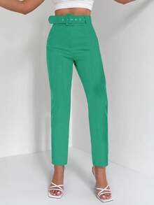 EURMUSE Solid High Waist Belted Suit Pants - Green - View 5