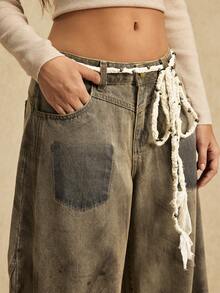 Easelle Casual Loose Wide-Leg Versatile Daily Button-Up Women Jeans - Khaki - View 7