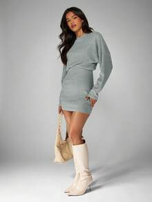 MISSGUIDED Vestido mini de punto acanalado de manga larga con cuello redondo, vestido de suéter ajustado casual para invierno y otoño - Verde - Ver 3