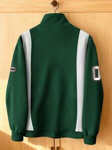 Manfinity Hypemode Retro American Half-Zip Los Angeles Letter Print Badge Contrast Color Loose Casual Men Pullover Sweatshirt Quarter Zip Men  Men Polo Shirt  Men Stuff  Men Gifts  Father Gifts  Men Clothes Mens Quarter Zip