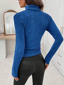 Editum 女士优雅高领收腰罗纹亮片T恤，显瘦设计，适合日常穿着及多种场合，秋冬季款 - 寶藍色 - 查看 2